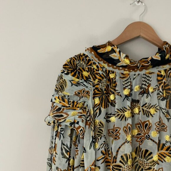 Farm Rio Silver Metallic Floral Beehive Tapestry Long Sleeve Blouse Size Large - Picture 8 of 8